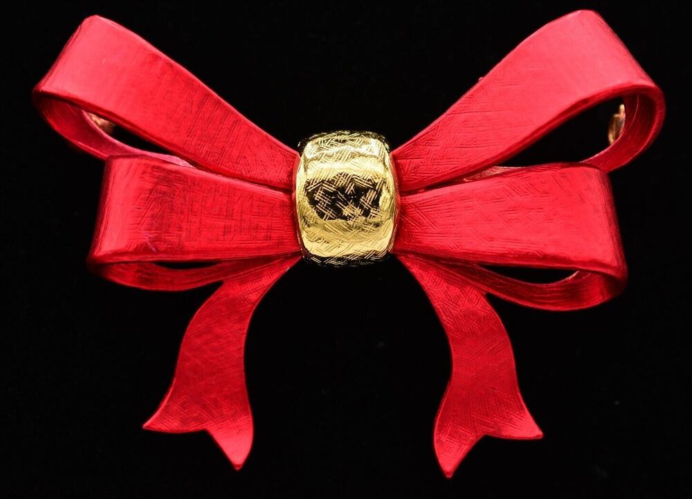Atwood Sawyer Vintage Bow Pin Brooch Christmas Gold Matte Red AS Signed BinAQ